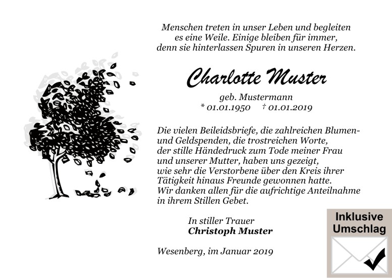 Danksagungen Trauer,