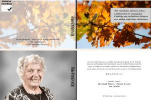 Herbst, Herbstlaub, Herbstblätter. Persönliche Trauerdankeskarten nach Trauerfall, Beerdigung und Todesfall