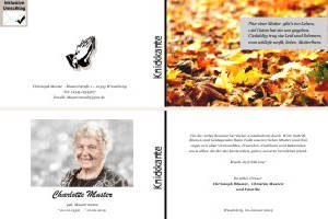 Herbst, Herbstlaub, Herbstblätter. Persönliche Trauerdankeskarten nach Trauerfall, Beerdigung und Todesfall