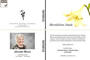 Lilie, Calla, Sonnenblume. Persönliche Trauerdankeskarten nach Trauerfall, Beerdigung und Todesfall