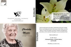 Lilie, Calla, Sonnenblume. Persönliche Trauerdankeskarten nach Trauerfall, Beerdigung und Todesfall