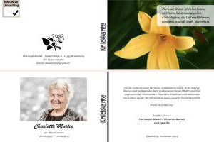 Lilie, Calla, Sonnenblume. Persönliche Trauerdankeskarten nach Trauerfall, Beerdigung und Todesfall