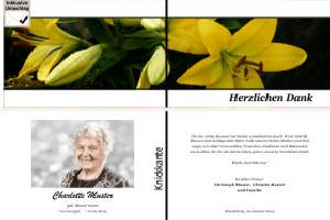 Lilie, Calla, Sonnenblume. Persönliche Trauerdankeskarten nach Trauerfall, Beerdigung und Todesfall