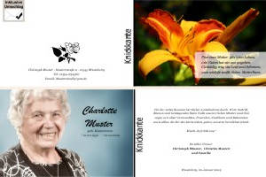 Lilie, Calla, Sonnenblume. Persönliche Trauerdankeskarten nach Trauerfall, Beerdigung und Todesfall