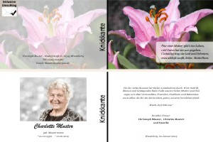 Lilie, Calla, Sonnenblume. Persönliche Trauerdankeskarten nach Trauerfall, Beerdigung und Todesfall