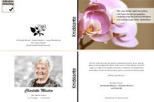 Weiße und rote Orchidee. Persönliche Trauerdankeskarten nach Trauerfall, Beerdigung und Todesfall