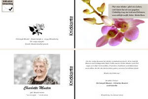 Weiße und rote Orchidee. Persönliche Trauerdankeskarten nach Trauerfall, Beerdigung und Todesfall