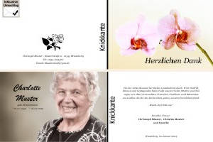 Weiße und rote Orchidee. Persönliche Trauerdankeskarten nach Trauerfall, Beerdigung und Todesfall