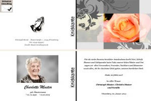 Weiße und rote Rosen, Rosenblüten. Persönliche Trauerdankeskarten nach Trauerfall, Beerdigung und Todesfall