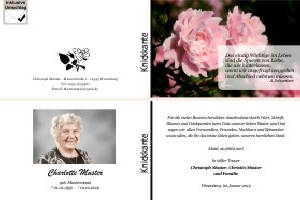 Weiße und rote Rosen, Rosenblüten. Persönliche Trauerdankeskarten nach Trauerfall, Beerdigung und Todesfall