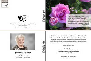 Weiße und rote Rosen, Rosenblüten. Persönliche Trauerdankeskarten nach Trauerfall, Beerdigung und Todesfall