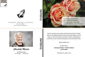 Weiße und rote Rosen, Rosenblüten. Persönliche Trauerdankeskarten nach Trauerfall, Beerdigung und Todesfall