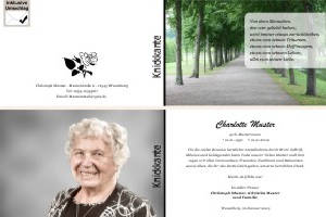 Wald, Waldweg, Bäume, Allee. Persönliche Trauerdankeskarten nach Trauerfall, Beerdigung und Todesfall
